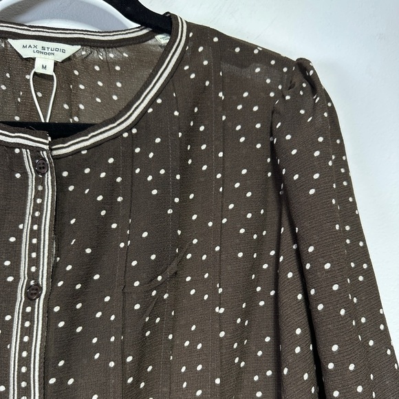 Max Studio | Sheer Polka Dot Blouse | Brown Polka Dot Top Size M - Picture 3 of 8